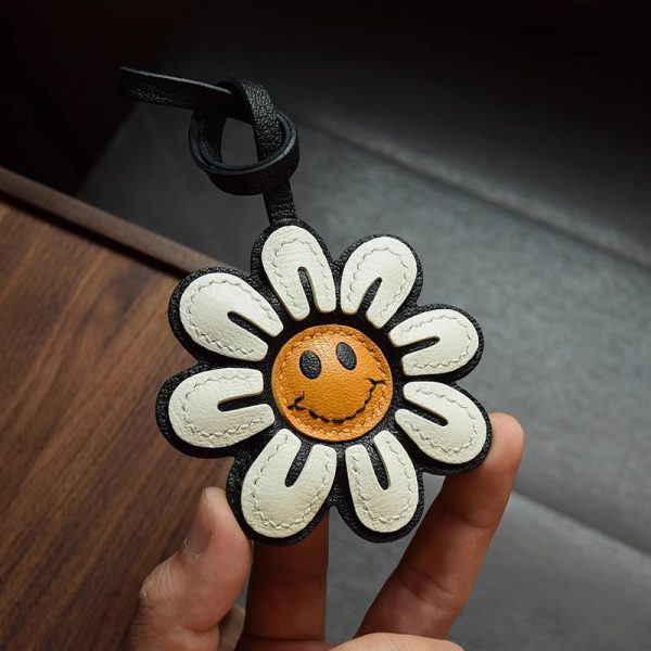 Smiley Flower Leather Keychain - Image 2